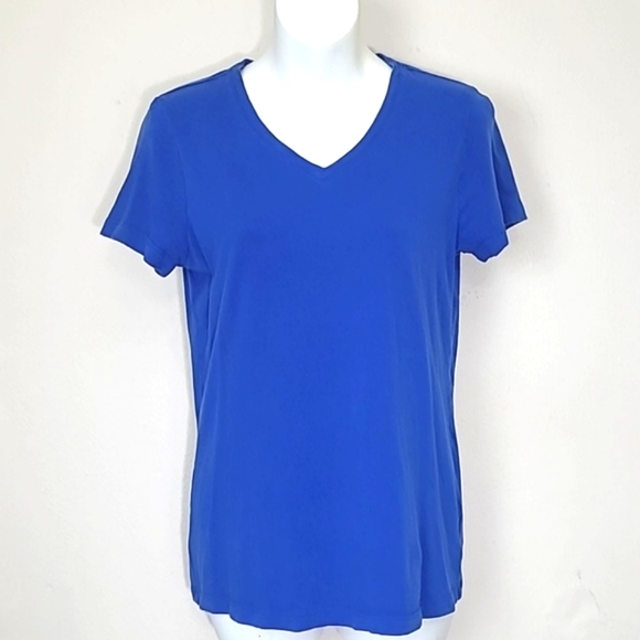T shirt short sleeve 100% Cotton stretchy Soft Rich Royal Blue Relaxed V Neck - Picture 1 of 4